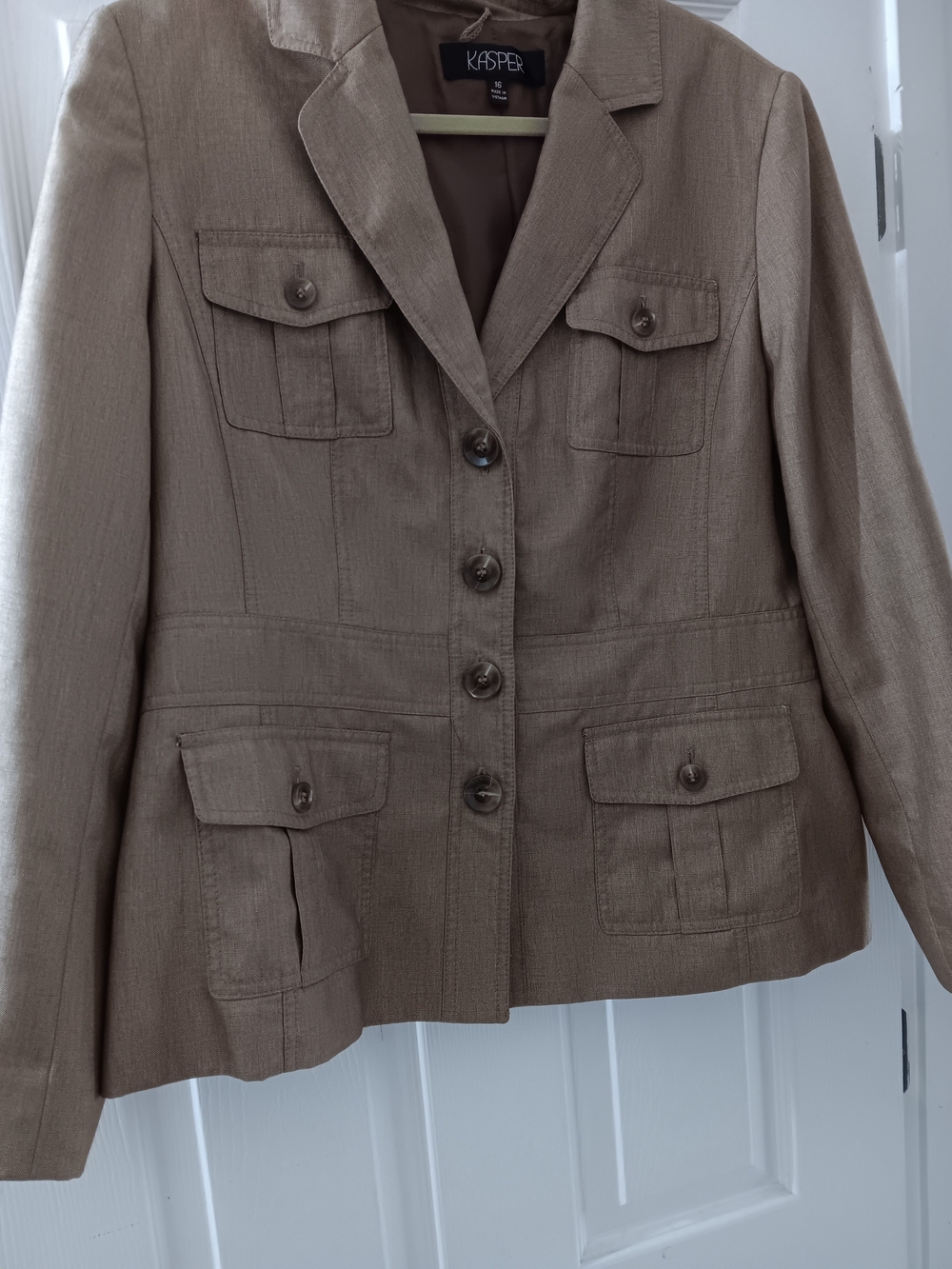 Kasper Taupe Button-Front Utility Blazer, Size 16